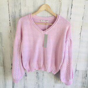 NWT One Grey Day Cropped Pullover Sweater Pink Balloon Sleeve Cotton Blend S